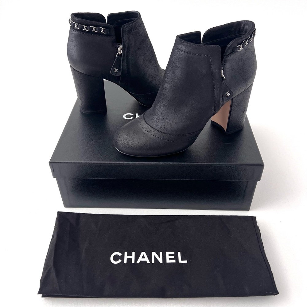 CHANEL Black Suede Chain-Trim Ankle Booties